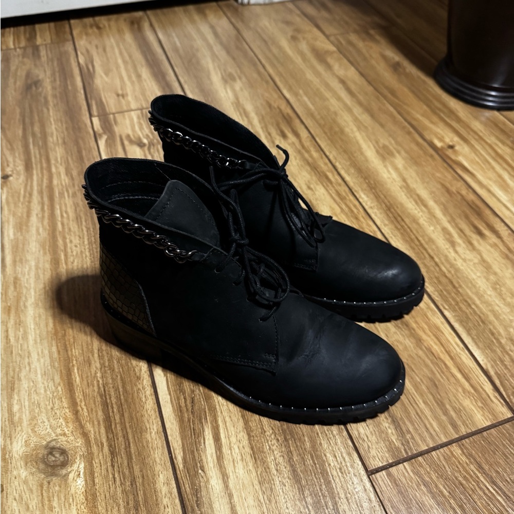 Black Heeled Boots with Chain Detail. Vintage foundry company.
